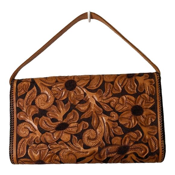 Vintage Hand Tooled Leather Hand Bag Floral Leaf Pattern - Picture 2 of 9